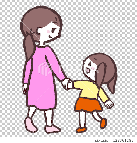 女の子親子が手をつないで歩くイラスト 女の子親子が手をつないで歩くイラスト 128361286