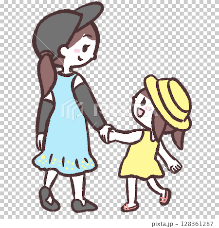 夏の女の子親子後ろ姿のイラスト 128361287