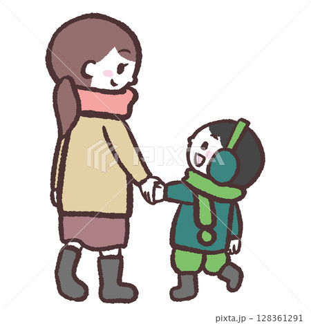 冬の男の子親子後ろ姿のイラスト 冬の男の子親子後ろ姿のイラスト 128361291