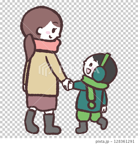 冬の男の子親子後ろ姿のイラスト 冬の男の子親子後ろ姿のイラスト 128361291