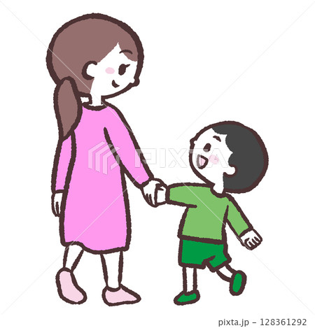 男の子親子が手をつないで歩くイラスト 128361292