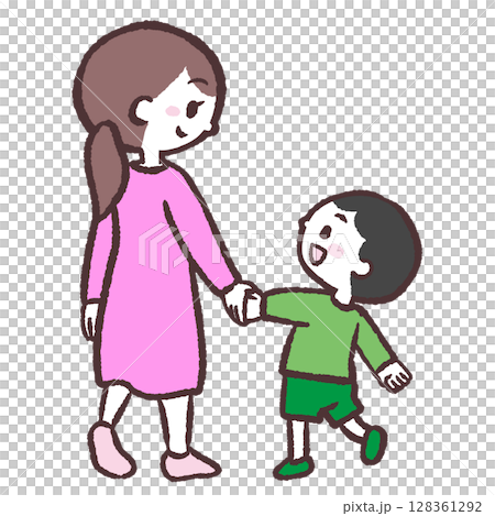 男の子親子が手をつないで歩くイラスト 128361292