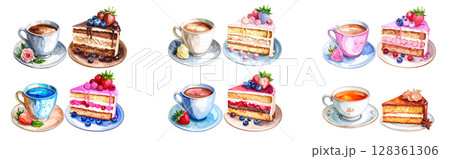 ケーキとコーヒー、紅茶の可愛いイラストセット 128361306