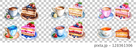 ケーキとコーヒー、紅茶の可愛いイラストセット 128361306