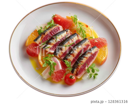 Citrus Marinated Sardine Fillets with Fennel and Blood Orange Segments on Elegant Plate 128361316