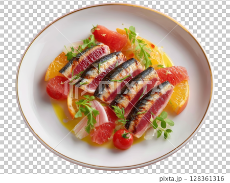 Citrus Marinated Sardine Fillets with Fennel and Blood Orange Segments on Elegant Plate 128361316