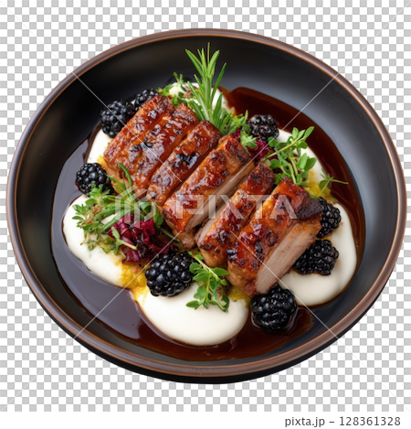 Slow Cooked Duck Confit on Creamy Sauce with Blackberry Reduction and Celeriac Remoulade Garnished with Herbs 128361328
