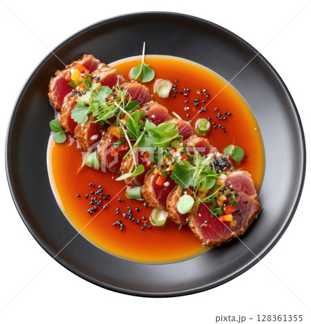 Elegant Yellowfin Tuna Sashimi with Citrus Dressing and Micro Cilantro on a Black Plate 128361355