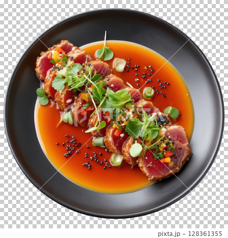 Elegant Yellowfin Tuna Sashimi with Citrus Dressing and Micro Cilantro on a Black Plate 128361355