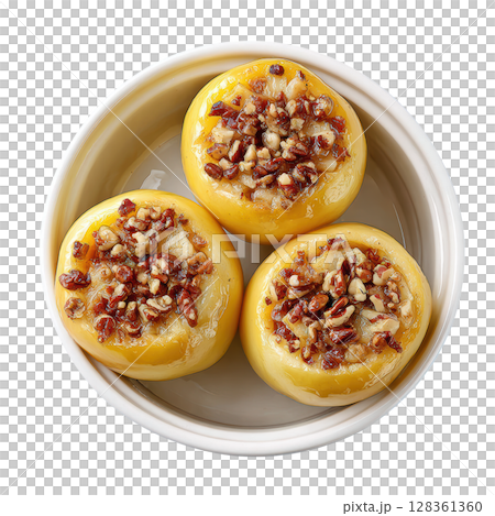 Delicious Baked Apples with Spiced Cinnamon and Crunchy Nuts in a Creamy Dish 128361360