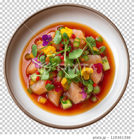 Fresh Barracuda Ceviche with Blood Orange Marinade, Compressed Cucumber, and Edible Nasturtium Flowers Fresh Barracuda Ceviche with Blood Orange Marinade, Compressed Cucumber, and Edible Nasturtium Flowers 128361386