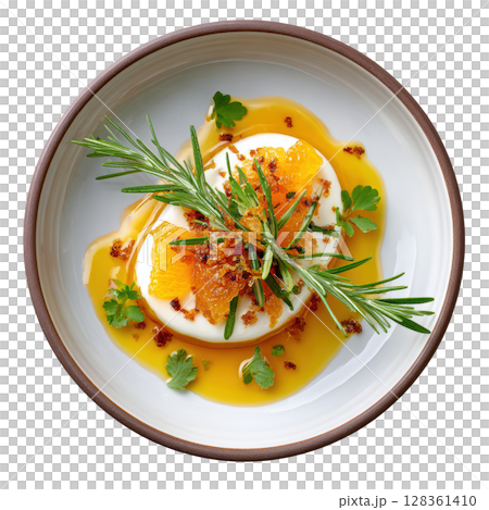 Elegant Citrus Gelee Layered Over Mascarpone Cream Garnished with Candied Tangerine Zest and Rosemary Sprig Elegant Citrus Gelee Layered Over Mascarpone Cream Garnished with Candied Tangerine Zest and Rosemary Sprig 128361410