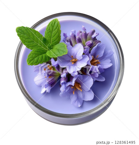 Lavender Panna Cotta Dessert with Floral Infusion and Blueberry Gel Garnish Lavender Panna Cotta Dessert with Floral Infusion and Blueberry Gel Garnish 128361495