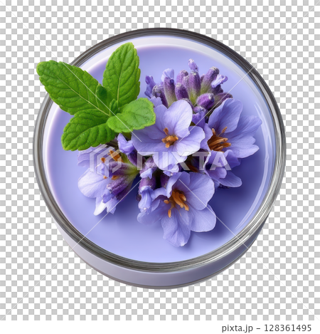 Lavender Panna Cotta Dessert with Floral Infusion and Blueberry Gel Garnish Lavender Panna Cotta Dessert with Floral Infusion and Blueberry Gel Garnish 128361495