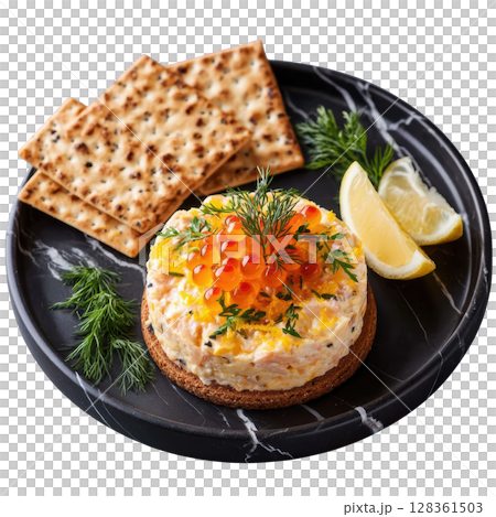 Smoked Trout Mousse Piped into Delicate Cone with Trout Roe, Dill Fronds, Lemon Zest, and Crisp Rye Cracker 128361503