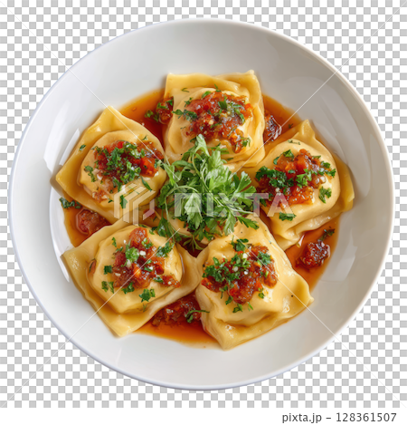Traditional Agnolotti Dal Plin Pasta Parcels Filled with Roasted Meats in a Delicate Sauce 128361507