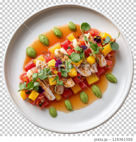 Thinly Sliced Clams with Lime, Chili, Watermelon, Avocado Puree, and Edible Petals in a Modern Presentation 128361508