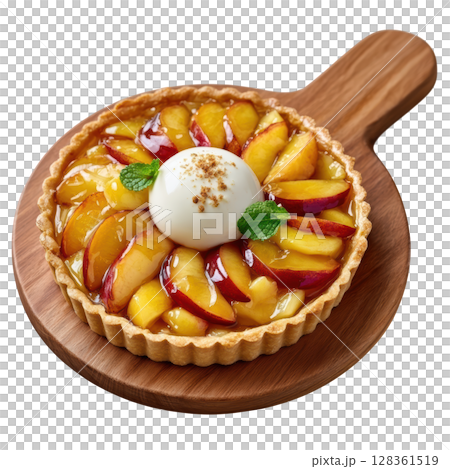Roasted Nectarine Tart with Vanilla Glaze and Creamy Quenelle on Crisp Pastry Base 128361519