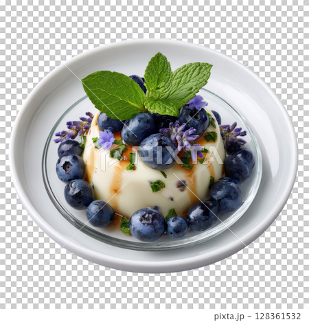 Floral Lavender Dessert with Blueberry Gel and Mint Leaf Garnish for Elegant Presentation Floral Lavender Dessert with Blueberry Gel and Mint Leaf Garnish for Elegant Presentation 128361532