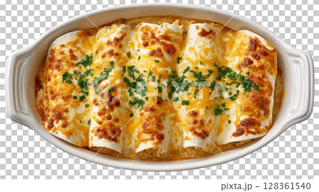 Savory Chicken Enchiladas Overflowing with Cheesy Goodness and Fresh Herbs in a White Baking Dish 128361540