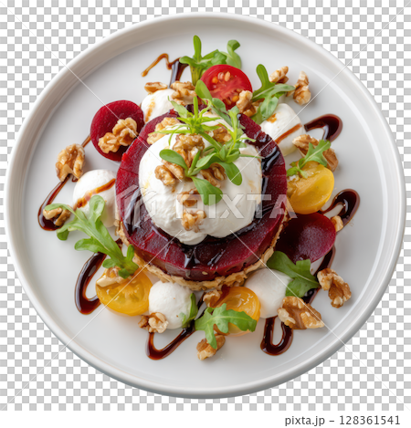 Beetroot Tartare with Goat Cheese Cream and Candied Walnuts on White Plate 128361541