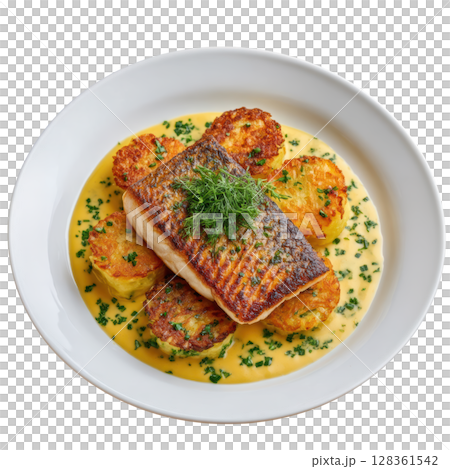 Crispy Skinned Grilled Sea Bass Fillet Served With Lemon Dill Sauce and Potato Rosti Garnished With Micro Dill 128361542
