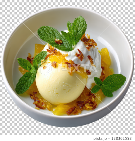 Refreshing Yuzu Sorbet Scoop with Candied Peel and Mint Garnish in Elegant Bowl 128361558