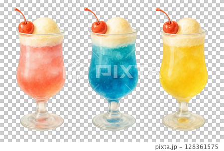 三種夏日繽紛奶油蘇打水的水彩插畫|清涼可愛的冰飲套裝 三種夏日繽紛奶油蘇打水的水彩插畫|清涼可愛的冰飲套裝 128361575