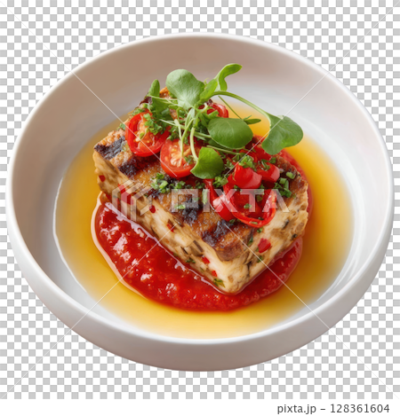 Charred Eggplant Terrine Layered with Roasted Red Peppers and Herbed Ricotta on Tomato Coulis with Smoked Olive Oil Drizzle 128361604