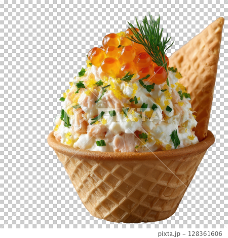 Smoked Trout Mousse Piped into Cone with Trout Roe, Dill Fronds, and Lemon Zest on Crisp Rye Cracker 128361606