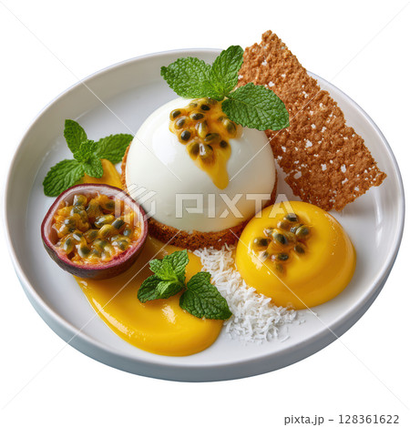 Elegant White Chocolate Mousse Dessert Dome with Passion Fruit, Mango Puree, and Coconut Tuile Garnish 128361622