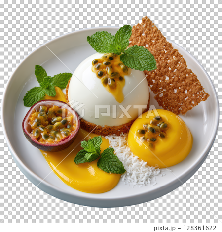 Elegant White Chocolate Mousse Dessert Dome with Passion Fruit, Mango Puree, and Coconut Tuile Garnish 128361622
