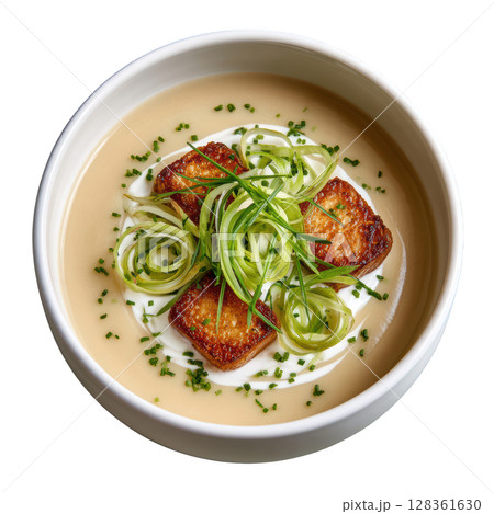 Creamy Leek and Potato Veloute Soup with Crispy Leek Threads and Sour Cream Quenelle in Shallow Bowl 128361630