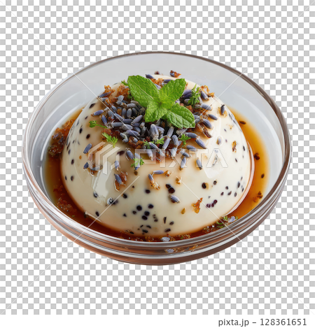 Elegant Lavender Panna Cotta Dessert Infused with Floral Flavors and Topped with Blueberry Compote and Mint Leaf Elegant Lavender Panna Cotta Dessert Infused with Floral Flavors and Topped with Blueberry Compote and Mint Leaf 128361651