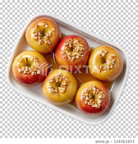 Deliciously Baked Apples with Cinnamon and Nuts for a Tasty Dessert Experience 128361653