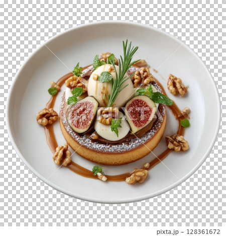 Nutty Financier Cake with Walnut Praline Cream and Fresh Figs Garnished with Rosemary and Powdered Sugar Nutty Financier Cake with Walnut Praline Cream and Fresh Figs Garnished with Rosemary and Powdered Sugar 128361672