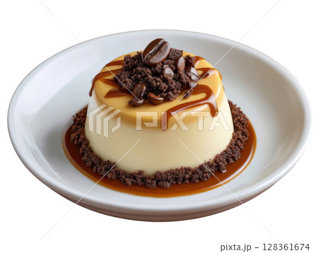 Silky Coffee Cream Dessert with Chocolate Crumbs and Caramel Drizzle in a Round Mold Silky Coffee Cream Dessert with Chocolate Crumbs and Caramel Drizzle in a Round Mold 128361674