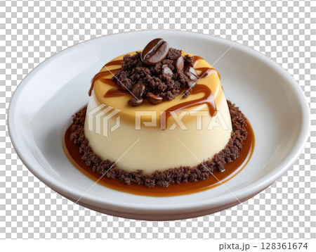 Silky Coffee Cream Dessert with Chocolate Crumbs and Caramel Drizzle in a Round Mold Silky Coffee Cream Dessert with Chocolate Crumbs and Caramel Drizzle in a Round Mold 128361674