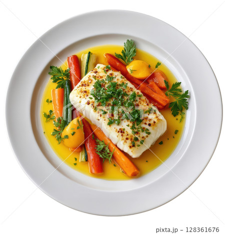 Poached Halibut Fillet on Saffron Infused Beurre Monte with Fresh Vegetables Poached Halibut Fillet on Saffron Infused Beurre Monte with Fresh Vegetables 128361676