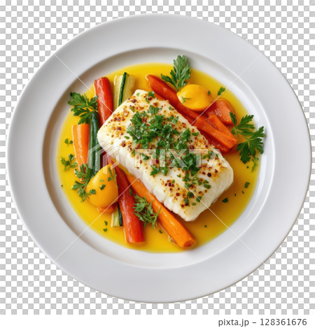 Poached Halibut Fillet on Saffron Infused Beurre Monte with Fresh Vegetables Poached Halibut Fillet on Saffron Infused Beurre Monte with Fresh Vegetables 128361676