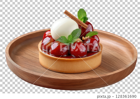 Roasted Plum Tart with Cinnamon Glaze on Crisp Pastry and Vanilla Cream Quenelle, Garnished with Cinnamon Stick 128361690