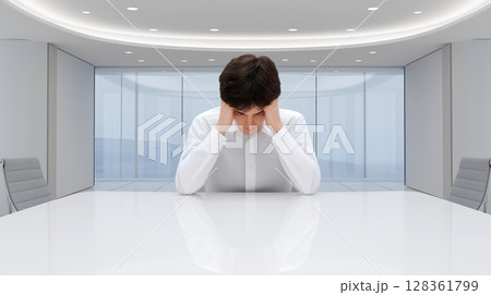 Layoff employee and unemployment concept, Man sitting at a table, appearing stressed in a modern office setting. Layoff employee and unemployment concept, Man sitting at a table, appearing stressed in a modern office setting. 128361799