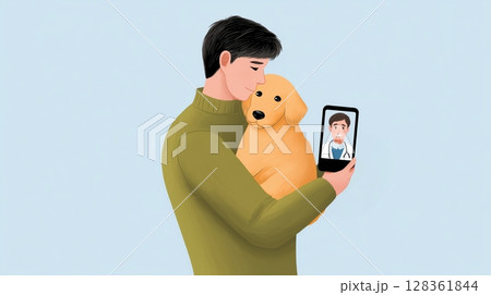 Remote vet consultation concept, A man holds a puppy while looking at a photo on his phone. 128361844