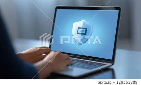Social security benefits concept, Secure laptop with shield symbol on screen signifies cybersecurity. 128361889