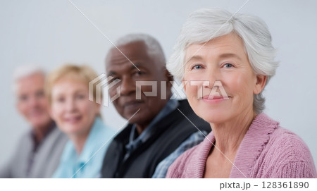 Social security benefits concept, Group of diverse seniors smiling and engaging in conversation. 128361890