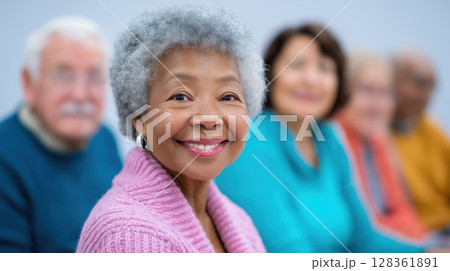 Social security benefits concept, A smiling elderly woman in a group of seniors with colorful attire. 128361891