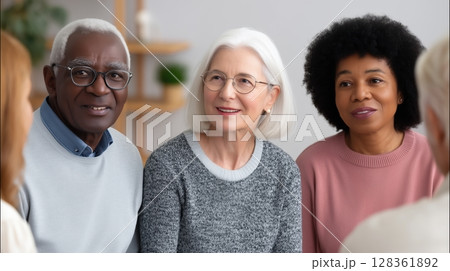 Social security benefits concept, Smiling seniors enjoying a conversation in a cozy setting. 128361892