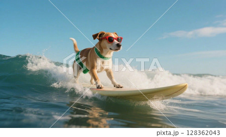 海でサーフィンをする犬 128362043