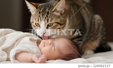赤ちゃんの頬を舐める猫 128362117