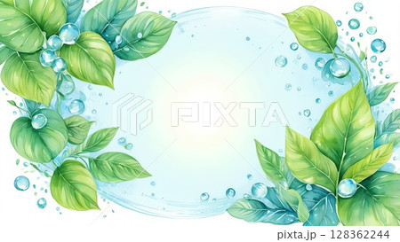 水滴の夏植物イラストフレーム｜水彩タッチのやさしいデザイン 128362244